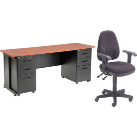 Global Industrial 670076CH-B1 Interion® Office Desk and Fabric Chair Bundle with 3 Drawer Pedestals - 72" x 24" - Cherry image.