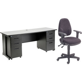 Global Industrial 670076GY-B1 Interion® Office Desk and Fabric Chair Bundle with 3 Drawer Pedestals - 72" x 24" - Gray image.