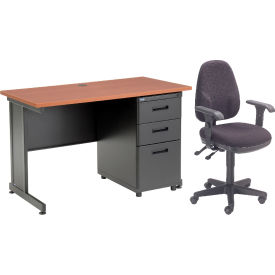 Global Industrial 670078CH-B1 Interion® Office Desk and Fabric Chair Bundle with 3 Drawer Pedestal - 48" x 24" - Cherry image.