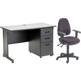 Global Industrial 670078GY-B1 Interion® Office Desk and Fabric Chair Bundle with 3 Drawer Pedestal - 48" x 24" - Gray image.