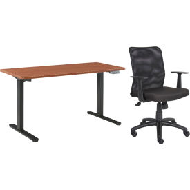 Global Industrial 695780CH-B Interion® Height Adjustable Table with Chair Bundle - 60"W x 30"D - Cherry w/ Black Base image.