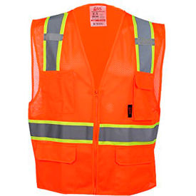 GSS Safety 1502 Multi-Purpose Class 2 Two Tone Mesh Zipper 6 Pockets Vest, Orange, Large