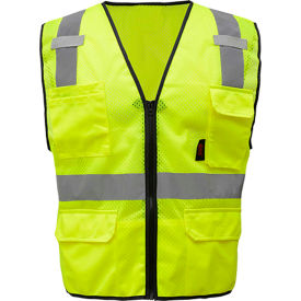 GSS Safety LLC 1505-LG GSS Safety 1505 Multi-Purpose Class 2 Mesh Zipper 6 Pockets Safety Vest, Lime, Large image.