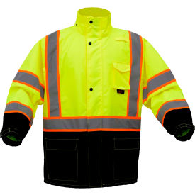 GSS Safety LLC 6005-LG/XL GSS Safety Class 3 Premium Two Tone Hooded Rain Coat Black Bottom-Lime-L/XL image.