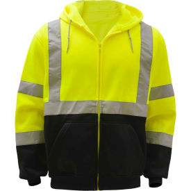 GSS Safety LLC 7003-3XL GSS Safety 7003 Class 3 Zipper Front Hooded Sweatshirt with Black Bottom, Lime, 3XL image.