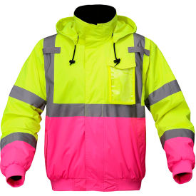 GSS Safety LLC 8018-SM/MD GSS Safety High Visibility Waterproof Bomber Jacket, Type R, ANSI Class 3, SM/MD, Lime/Pink image.