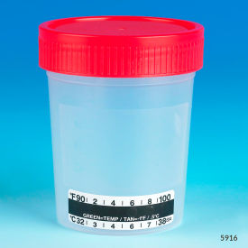 Graduated Specimen Container, 4 oz., Thermometer Strip, Red Screwcap, Polypropylene, 500/Pack