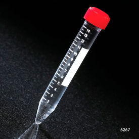 Centrifuge Tube, 15mL, Attached Red Screw Cap, Polystyrene, Printed Graduations, Sterile, 500/Pack