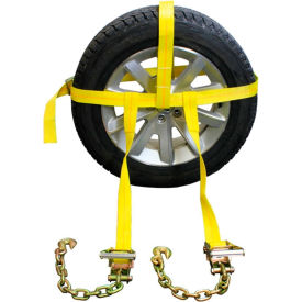 Side Mount Wheel Net w/ Cam Buckle & 2 Ratchets & Chain Extensions, 2''x35', Yellow view 2