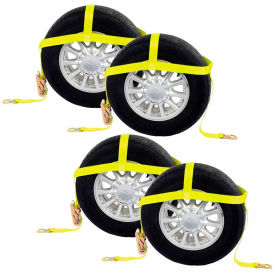 2" Tire Holder Wheel Net with Ratchet Strap & Flat Snap Hooks, Yellow, Pack of 4 view 2
