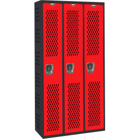 Hallowell AWA282-111MR Hallowell® 1-Tier 3 Door Gym/PE Ventilated Locker, 36"W x 18"D x 72"H, Black/Red, Assembled image.