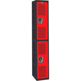 Hallowell AWA282-2MR Hallowell® 2-Tier 2 Door Gym/PE Ventilated Locker, 12"W x 18"D x 72"H, Black/Red, Assembled image.
