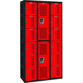 Hallowell AWA282-626MR Hallowell® 6-Tier 14 Door Gym/PE Ventilated Locker, 36"W x 18"D x 72"H, Black/Red, Assembled image.