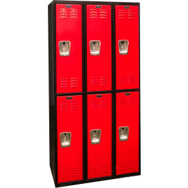 Hallowell U3282-2A-MR Hallowell® 2-Tier 6 Door Tie Locker, 36"W x 18"D x 72"H, Black/Red, Assembled image.