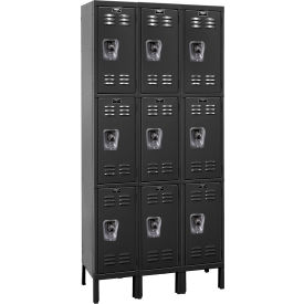 Hallowell URB3228-3A-ME Hallowell® Ready-Built 3-Tier 9 Door Locker, 36"W x 12"D x 78"H, Black, Assembled image.