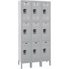 Hallowell URB3228-3A-PL Hallowell® Ready-Built 3-Tier 9 Door Locker, 36"W x 12"D x 78"H, Light Gray, Assembled image.