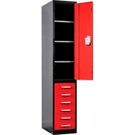 Hallowell FKL4478-6D-BR-HT* Hallowell® Fort Knox 1-Tier 1 Door Locker w/ 6 Drawers, 24"Wx24"Dx78"H, Black/Red, All-Welded image.