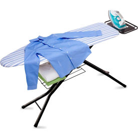 4 Leg Ironing Board w/Iron Rest Pad-White/Blue Stripes Black Base PP Plastic/Steel/Foam/Cotton