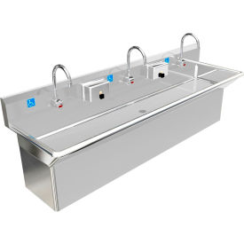 BSM Inc. ADA SS Sink 3 Station with Plumbing Skirt & Electronic Faucet 72""L x 20""W x 6""D Sink