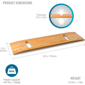 HealthSmart 518-1756-0400 DMI Wooden Slide Transfer Board, 440 lb Capacity , 30 x 8 x 1, 2 Cut Out Handles image.