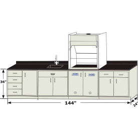 Hemco Corporation 70811 HEMCO® Pioneer Base Cabinet Grouping with CE AireStream Fume Hood, 144"W x 24"D x 81"H image.