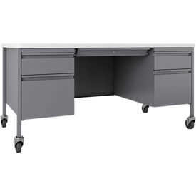 Mobile Teacher's Desk, 5 Drawers, 60"W x 30"D, White Top w/ Platinum Frame view 2