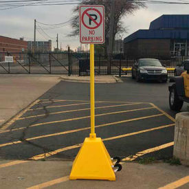 Ideal Shield LLC BPB-YL-98-YL-RUBBER-CASTERS Ideal Shield® Pyramid Sign Base With Wheels & 98H Post, Yellow image.