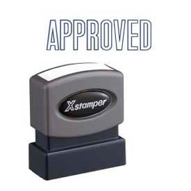 Shachihata Inc. 1008 Xstamper® Pre-Inked Message Stamp, APPROVED, 1-5/8" x 1/2", Blue image.