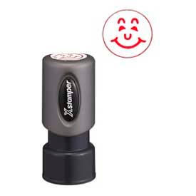 Shachihata Inc. 11303 Xstamper® Pre-Inked Design Stamp, HAPPY FACE Design, 5/8" Diameter, Red image.