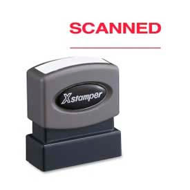 Shachihata Inc. 1829 Xstamper® Pre-Inked Message Stamp, SCANNED, 1-5/8" x 1/2", Red image.