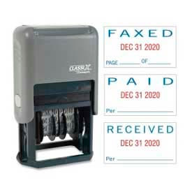 Shachihata Inc. 40330 Xstamper® Self-Inking Message/Date Stamp, PAID/FAXED/RECEIVED, 15/16" x 1-3/4", Blue/Red image.