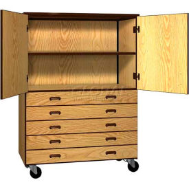 Mobile Wood Combo Cabinet, 5 Drawers, 1 Shelf, Solid Door, 48 x 22-1/4 x 66, Maple/Black