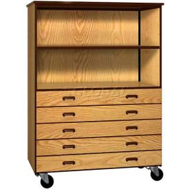 Ironwood Manufacturing Inc 2055-O-DO/BRN Mobile Wood Combo Cabinet, 5 Drawers, 1 Shelf, Open Front, 48 x 22-1/4 x 66, Dixie Oak/Brown image.