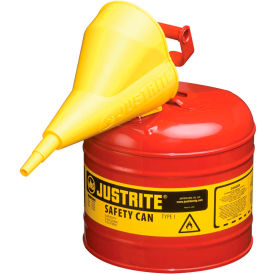 Justrite Safety Group 7120110 Justrite® Type I Steel Red Safety Can With Funnel & Self-Close Lid, 2 Gallon (7.5L) image.