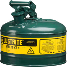 Justrite Safety Group 7125400 Justrite® Type I Steel Green Safety Can With Self-Close Lid, 2.5 Gallon (9.5L) image.