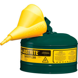 Justrite Safety Group 7125410 Justrite® Type I Steel Green Safety Can With Funnel And Self-Close Lid, 2.5 Gal. (9.5L) image.