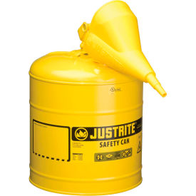 Justrite Safety Group 7150210 Justrite® Type I Steel Safety Can With Funnel, 5 Gallon (19L), Self-Close Lid, Yellow, 7150210 image.