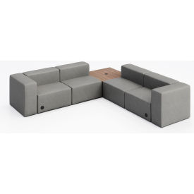 KFI Studios Conversa 4 Person Corner Sofa with Studio Teak Table & Power Outlet Dillon Steel Vinyl 