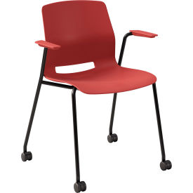Imme Stacking Chair with Fixed Arms & Casters, Polypropylene, Coral Seat/Black Frame view 2