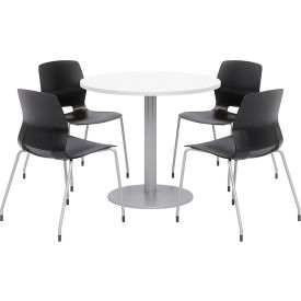 Kfi OLTFL42RD-B1922-SL-D354-4-OL2700-P10 KFI 42" Round Dining Table & Chair Set, Designer White Table With Black Chairs image.