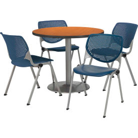 Kfi T36RD-B1922SL-MO-2300-P03 KFI 36" Round Dining Table & Chair Set, Medium Oak Table With Navy Plastic Chairs  image.