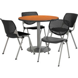 Kfi T36RD-B1922SL-MO-2300-P10 KFI 36" Round Dining Table & Chair Set, Medium Oak Table With Black Plastic Chairs  image.