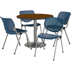 Kfi T36RD-B1922SL-WL-2300-P03 KFI 36" Round Dining Table & Chair Set, Walnut Table With Navy Plastic Chairs  image.