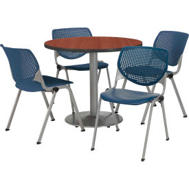 Kfi T42RD-B1922SL-MH-2300-P03 KFI 42" Round Dining Table & Chair Set, Mahogany Table With Navy Plastic Chairs  image.