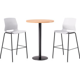 KFI 30" Round Table with 2 Imme Armless Barstools White Seat/Maple Top 