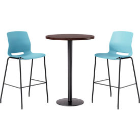 KFI 30" Round Table with 2 Imme Armless Barstools Sky Blue Seat/Espresso Top 