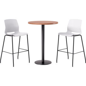 KFI 30" Round Table with 2 Imme Armless Barstools White Seat/River Cherry Top 