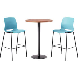 KFI 30" Round Table with 2 Imme Armless Barstools Sky Blue Seat/River Cherry Top 