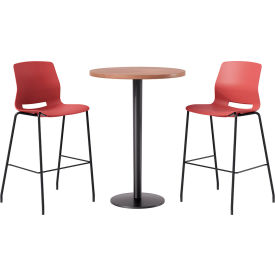 KFI 30" Round Table with 2 Imme Armless Barstools Coral Seat/River Cherry Top 