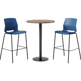 KFI 30" Round Table with 2 Imme Armless Barstools Navy Seat/Studio Teak Top 